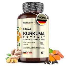 Turmeric Capsules - 180 Vegan Capsules for 6 Months Supply - 500 mg Turmeric Extract of which 95% Curcumin - With Black Pepper & Ginger - Vegan Dietary Supplement - High Bioavailability - maxmedix