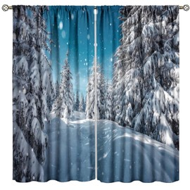 Winter Forest Curtains Snow Rustic Scene Nature Woodland 3D Printed Nature Blackout Window Drapes for Bedroom Living Room Kitchen Cafe Decor （W21xL45 Inch） x2 Decor
