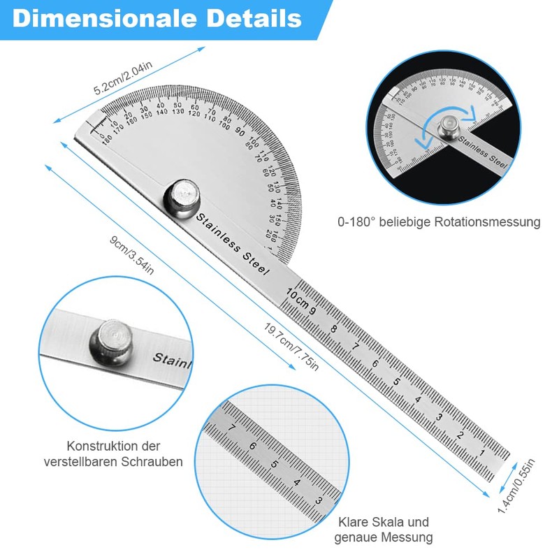 FEMONGY Protractor Protractor Metal 180° Stainless Steel Goniometer with Locking