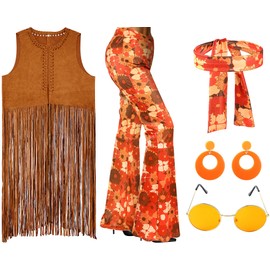 SATINIOR 5 Pcs 60s 70s Outfits for Women Hippie Disco Costume Set Tassel Vest Headband Flared Pants Earring Sunglass(X-Large)