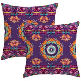 Grtfcolr Boho Throw Pillows Covers 18x18 Set of 2, Square Linen Purple Geometric Floral Throw Pillow for Couch, Bohemian Home Decor Pillowcase for Living Room Bedroom Porch Outdoor(No Inserts)