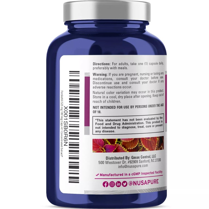 NusaPure Forskolin 2100mg Per Veggie Caps - 180 Capsules (Non-GMO