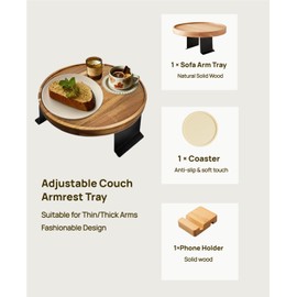 Acacia Wood Couch Arm Table, Adjustable & Removable Couch Arm Tray with Phone Holder, Clip On Armrest Tray for Wide Thin Couch, Wooden Arm Chair Table Tray for TV Dinners/Drinks/Remotes/Snacks
