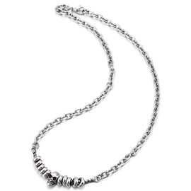 COOLSTEELANDBEYOND Steel Chain Necklace with Skull Charm and Beads, Mens Gothic Edgy Statement Jewelry, Punk Biker Rock, Metal, No Gemstone