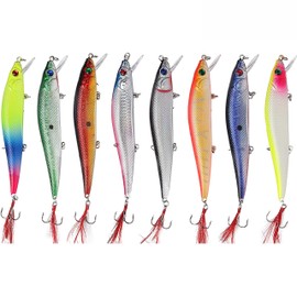 Minnow Fishing Lures Life-Like Hard Bait Minnow Lure 5.5in- 8Pcs Fishing Set Hard Bait with Treble Hook Feather, Life-Like Swimbait Bass CrankBait with 3D Fishing Eyes for Pikes/Trout/Walleye/Redfish
