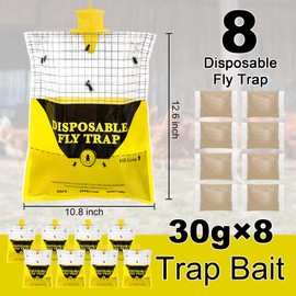 Glovv 10.8 * 12.6 Inch Fly Trap for Patio, Big Bags Outdoor Disposable 8 Pack, Hanging Fly Catcher with Bait, Hunter Stable Horse Ranch Control Repellent Killer for Barn, Farm, Mosquito, Bugs