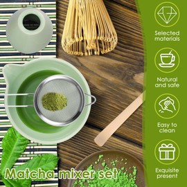 5Pcs Matcha Tea Making Tool Set Bamboo Matcha Whisk Set with Whisk Holder Scoop Bowl and Stainless Steel Sifter for Beginners(Green,5)