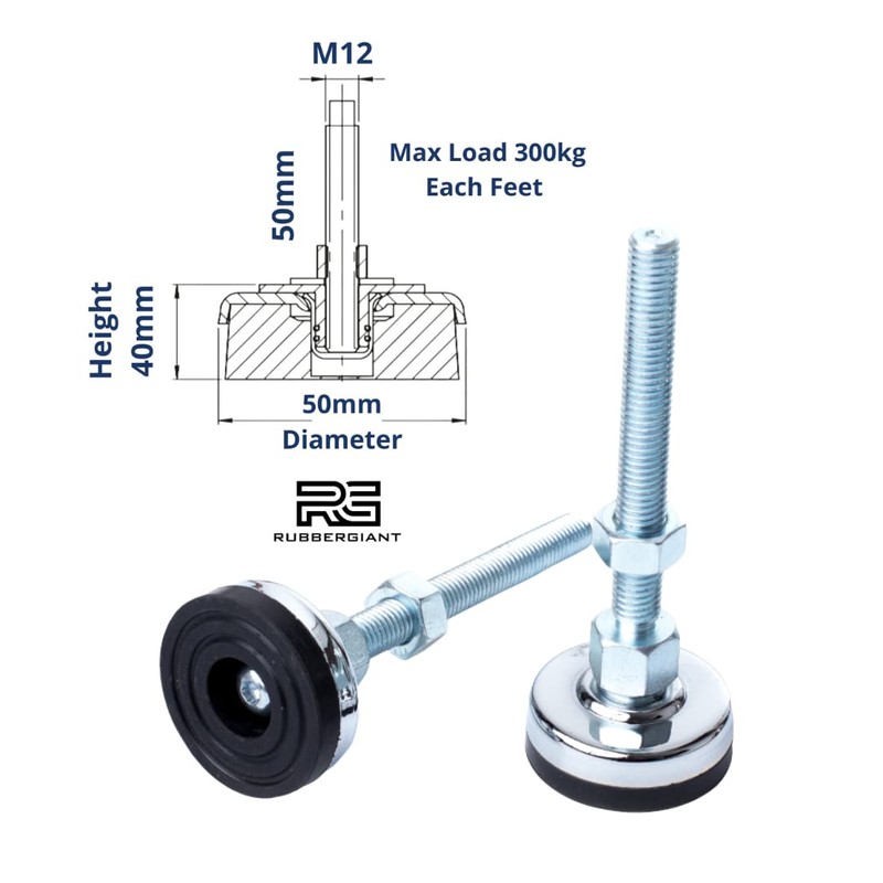 RUBBERGIANT Adjustable Machine Levelling Feet 4 Packs M12 x 50mm
