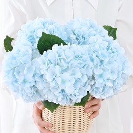 Artflower 5 Pcs Hydrangea Artificial Flowers with Leaves, Blue Silk Full Faux Hydrangea Flowers for Home Floral Arrangements Wedding Bouquets Kitchen Table Centerpiece Decorations