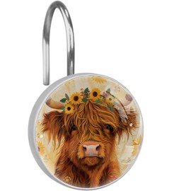 Highland Cow Sunflowers Shower Curtain Hooks, Rustproof Shower Curtain Rings for Bathroom, Metal Decorative Shower Curtain Hooks Hangers for Shower Curtain Rod, Set of 12