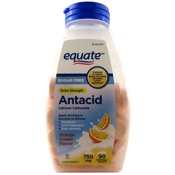Equate Extra Strength Sugar Free Antacid Orange Cream Flavor, Chewable Tabs Compare to Tums, 750 mg, 90 Count