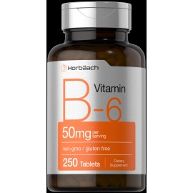 Horbäach Vitamin B6 50mg | 250 Tablets | Non-GMO & Gluten Free Supplement | by Horbaach