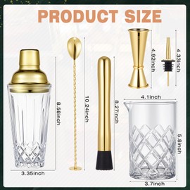 Mifoci 7 Pcs Gold Glass Cocktail Shaker Set with 14oz Shaker 24oz Cocktail Mixing Glass Measuring Jigger Mixing Spoon Stainless Steel Bottle Pourers for Martini Bartender Professional Bar