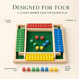 OANM studio Shut The Box Game, 4 Player Wooden Square Board with 8 Dice Set