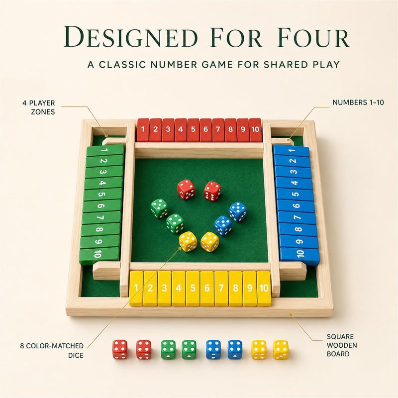 OANM studio Shut The Box Game, 4 Player Wooden Square