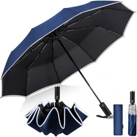 MXCOCO Paraguas Plegable Automático, Paraguas de Bolsillo para Lluvia y Sol, Sombrilla Plegable Grande Resistente al Viento con Protección UV y Borde Reflectante de Seguridad, Ligero y Portátil