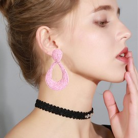 Chanaiqw Teardrop Handmade Statement Raffia Earrings Cute Boho Rattan Dangle Lightweight Straw Wrap Summer Drop Dangling Earrings for Women (Pink)