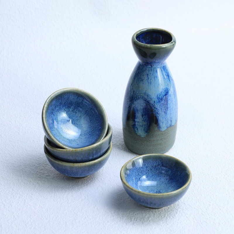 Sizikato 5-Piece Kiln-Change Ceramics Sake Set Include 1PCS Sake Bottle
