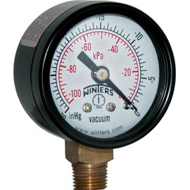 Winters 1-1/2 inch Dial Size, Economy Utility Dry Pressure Gauge, Brass Internals, Black Steel Case, Dual Scale 30 inch Hg-0 Vac/kPa, 3-2-3% Accuracy, 1/8 inch NPT Bottom Mount, Vacuum Pressure Gauge