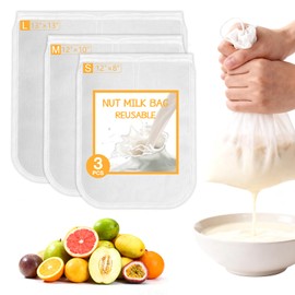 Nut Milk Bag Reusable 3 Pack (8"x12"/10"x12"/13"x13") Fine Mesh Nylon Cheese Cloth Strainer Bags for Straining Almond Milk, Soy Milk, Greek Yogurt, Cold Brew Coffee, Juice, Tea, Tofu, Chees