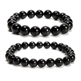 Land Long 2pcs/Set (8mm+10mm), Healing Rainbow Obsidian Beads Bracelets for Women Men, Smooth Round Gemstone Real Crystal Beaded Stretch Bracelets with Relax Anxiety Stress