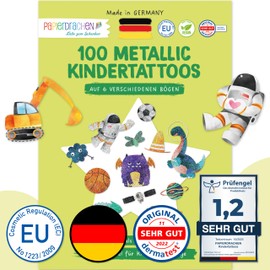 100 metallic tattoos for sticking, skin-friendly children's tattoos, digger and dinosaurs, cool designs, as a birthday gift or gift idea, vegan, made and tested in Germany