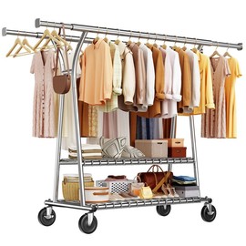 Raybee Clothes Rack, Heavy Duty Clothing Rack Holds 630 LBS with Wheels & Shelf, Extendable, Adjustable, Commercial Garment Rack 22" D x 75" W x 68" H - Model: 62.9" W x 17.7" D x 72" H