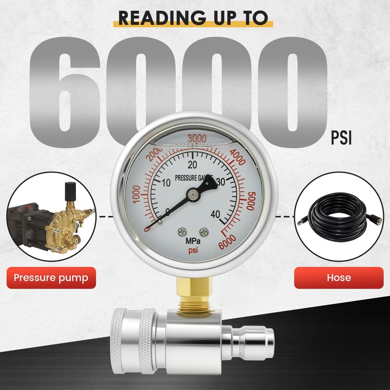 Pressure Washer Gauge 6000PSI Stainless Steel Double Scale Washer Gauge