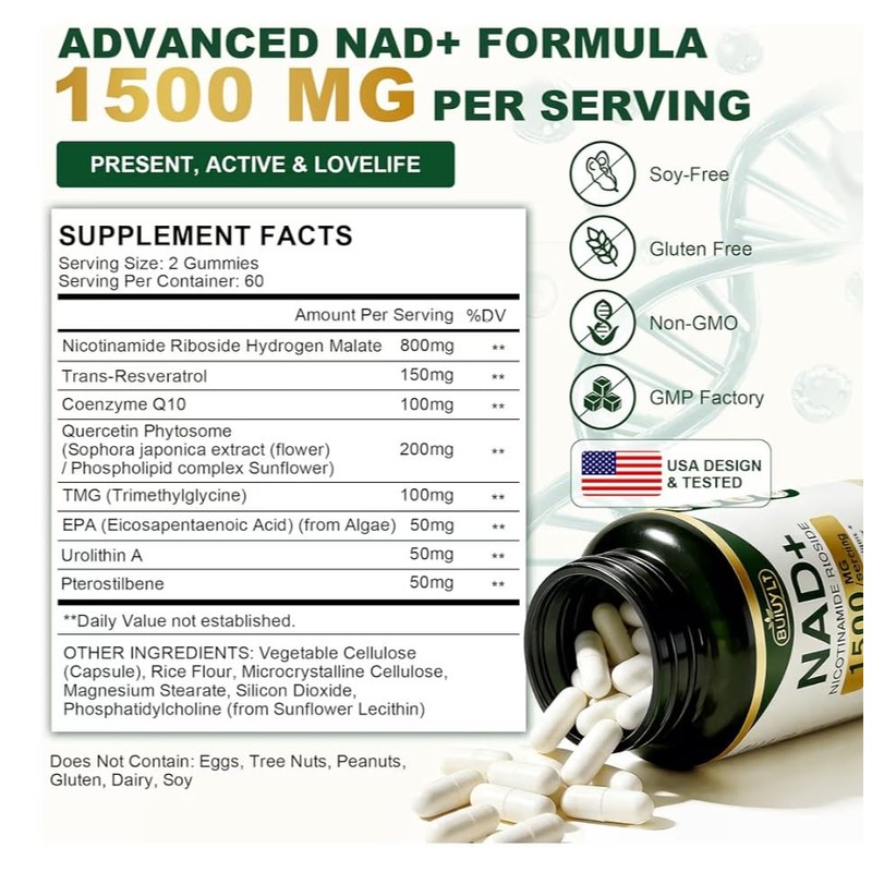 Suplemento Nad 1500 Resveratrol Urolitina Coq10 Quercetina Plus Energía Celular