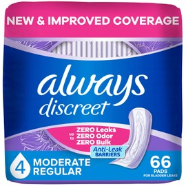 Always Discreet Almohadillas de incontinencia moderadas, hasta 100% protección sin fugas, 66 unidades
