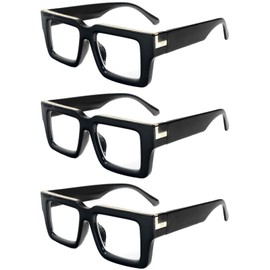 REAVEE 3 Pack Oprah Style Reading Glasses for Women Men, Blue Light Blocking Readers Stylish Square with Spring Hinge, Black 2.0
