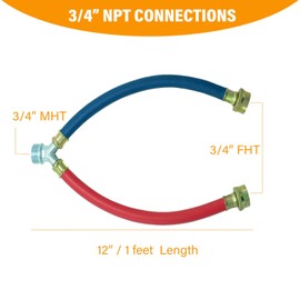 2 PACK, Rubber Hot Cold Washer Hose Y Mixer Plumbing Connector Burst Proof Water Supply Hoses For All Washing Machine and Dryer, 3/4" Fittings, 1 FT Length