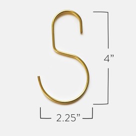 Minimalistic shower curtain hooks, stainless steel, brass, black meatal, S Hook, Curtain Rings, Jean Hook, purse, bag, closest hanger - 12pk (BRASS)