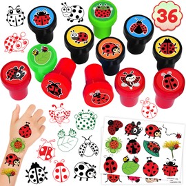 36PCS Ladybug Party Favors 24 Tattoos Sticker 12 Stamp Set - Ideal Black Red Polka Dots Themed Birthday Card Decorations Supplies Goodie Bag Cute Rewards for Girls Classroom Gifts Baby Shower Prizes