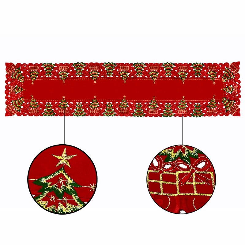 Grelucgo Embroidered Christmas Holiday Holly Tree Large Table Runner And