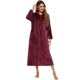 FOKULUNDA Women's Zip Up Fleece Robe Plush Bathrobe Soft Warm Pyjamas Casual Loungewear, Z2