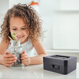 Cash Box with Combination Lock and Money Tray - Metal Money Box for Cash - Lock Box for Money 7.87" x 6.3" x 3.54" - Black