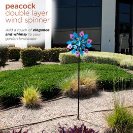 Alpine Corporation SLL2430 Double Layer Peacock Kinetic Wind Spinner Garden Stake, Colorful Statement Garden Décor, 55" H