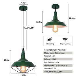 SESIMENT Green Farmhouse Pendant Light, 3 Packs 10.5 inch, Modern Pendant Light, Kitchen Pendant Light, Industrial Pendant Light, Pendant Lights Kitchen Island for Bedroom, Kitchen, Bar