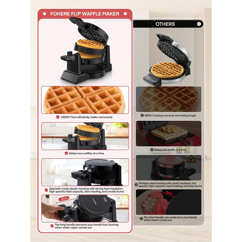 FOHERE Double Waffle Maker, 1400W Rotating Belgian Waffle Iron with