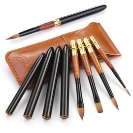 Fuumuui 4pcs Elegant Kolinsky Sable Watercolor Brushes - Travel Kit with Leather Pouch Perfect for Gouache Ink Painting