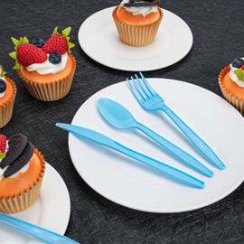 150 Pack Plastic Silverware Heavy Duty, Light Blue Disposable Cutlery Set Includes 50 Forks 50 Knives 50 Spoons for Birthday Wedding Party Picnics (150, Blue)