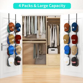 HapiRm Over Door Hat Rack - 4 Packs Metal Hanging Hat Organizer with 16 Hooks Design, Baseball Cap Hanger Organizer Storage Holds up to 80 Caps for Door, Bedroom, Closet