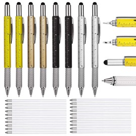 Multitool Gift Pen Tech Tool - 8PCS 6 in 1 Multifunction Screwdriver Ballpoint Pen Set with Touch Screen Stylus Top, Cm Inch Ruler, Levelgauge,Screwdriver, 20 Pcs Blue/Black Refills for Men Women