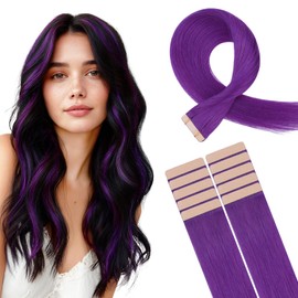 HOTBANANA Tape in Hair Extensions, 16 Inch 10pcs 25g Purple Tape in Real Remy Human Hair Extensions Straight Colored