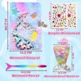 GROFIS Set of 4 Mermaid Plush Diary with Lock, 160 Pages Double-Sided Notebook A5 Lined, Secret Journal with Sequins, Purse, Pen, Stickers, Gifts for Girls Children