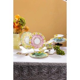 Aynsley Daisy Corset Fine Bone China Teacup and Saucer Set - 5.07oz Hand-Painted Gold-Trimmed Corset-Shape Set, Fancy Gift for Birthdays/Mother’s Day/Tea Lovers(Green)