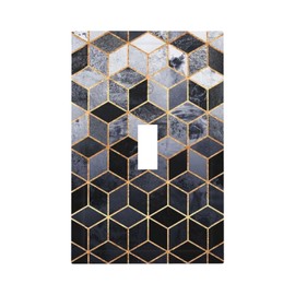 Geometric Black Golden Grey Ombre Marble Decorative Single Toggle Device Decorator Light Switch Wall Plate Cover, Abstract Luxury Hexagon Grid Marble Texture 1-Gang Electrical Faceplate Outlet Cover