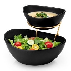 MALACASA 2 Tier Chip and Dip Serving Set with Metal Stand,Ceramic Appetizer Bowls for Party, Multi-Use Food Display for Fruits, Snacks,Black Elegant Tiered Serving Dishes for Party