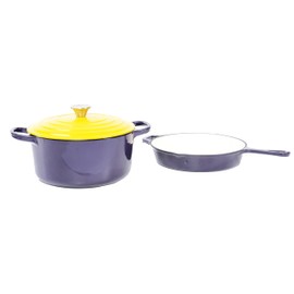 Geaux Cook 3 Piece Purple & Gold Enamel Coated Cast iron Cookware Set, 4 Qt Dutch Oven, 10" Skillet, Lid fits both Dutch Oven and Skillet
